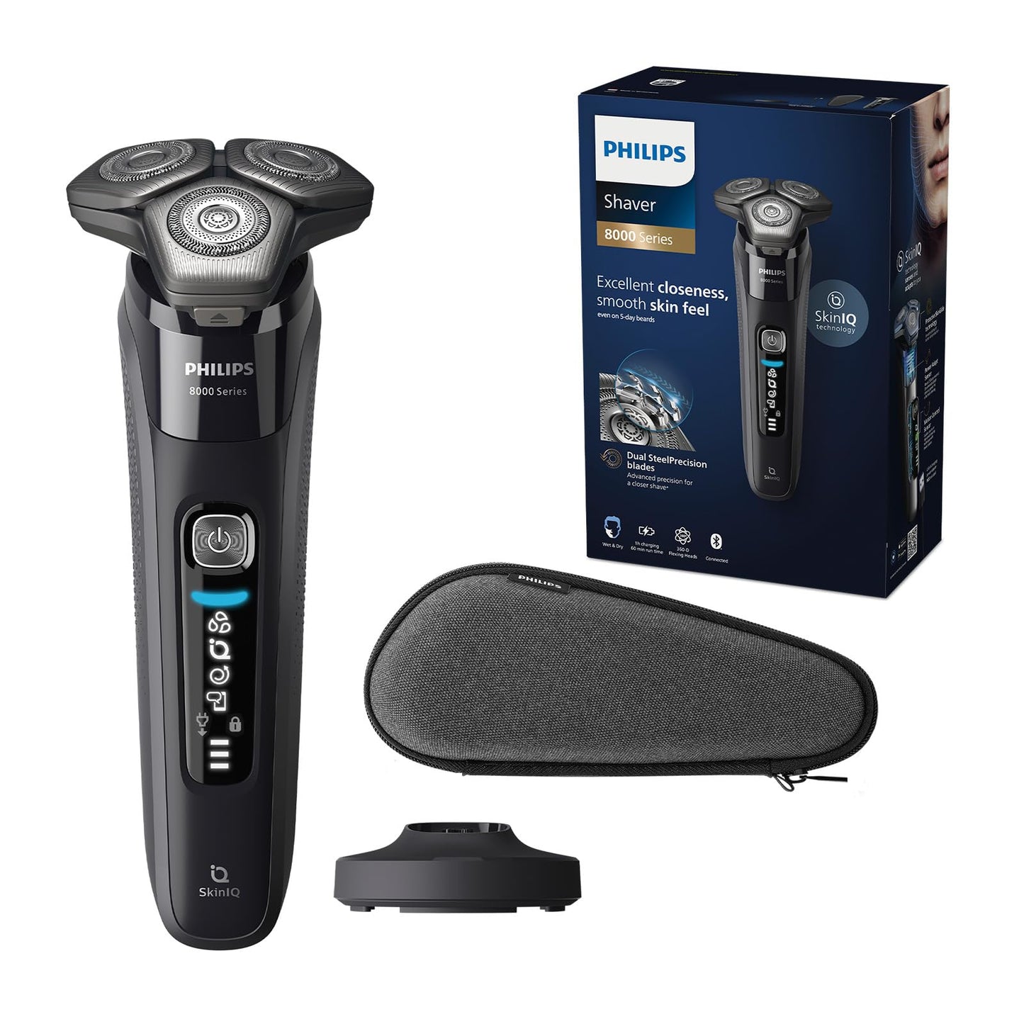 Philips Shaver Series 8000 – Elektrischer Nass- und Trockenrasierer mit SkinIQ Technologie in Schwarz, ausklappbarer Trimmer, Ladestation, Reiseetui, Reinigungsbürste (Modell S8696/35)